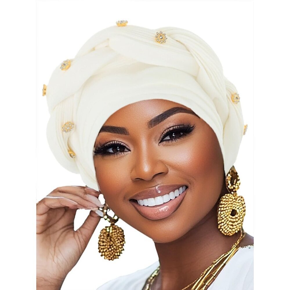 Women African Turban Pre-Tied Beanie Headwear Rhinestone Stretchy Cap